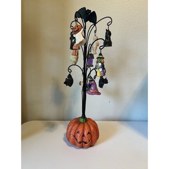 Vintage Halloween Heavy Resin Wire Tree Jackolantern Black Cat Glitter Ornaments - Picture 1 of 5